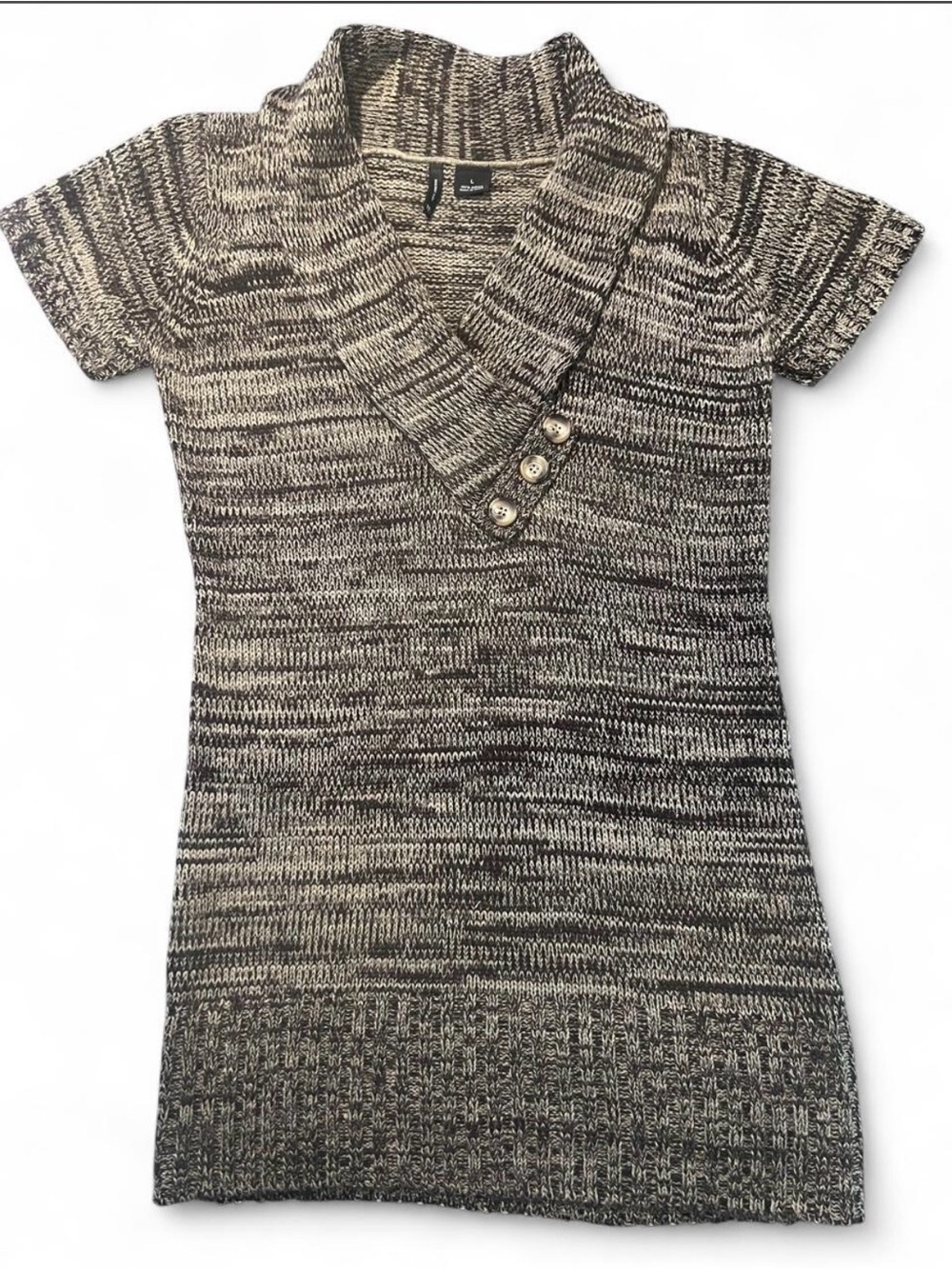 new directions Black and Cream Marled Short-Sleeve Tunic Sweater